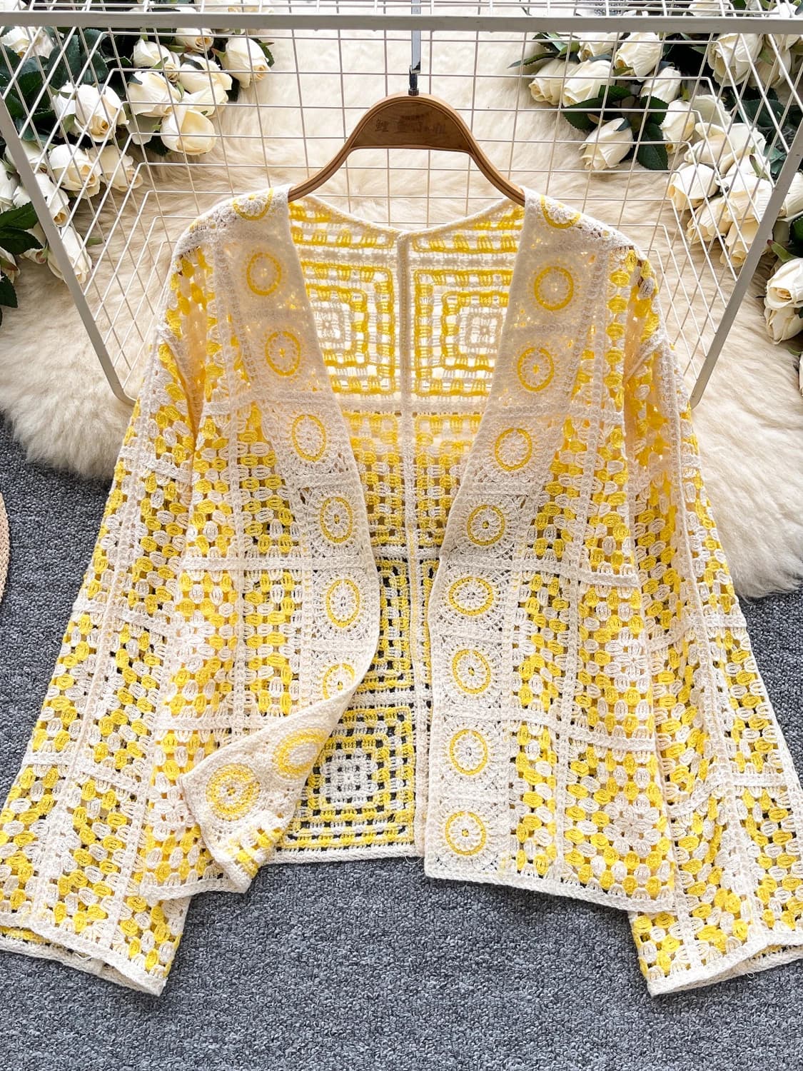 Retro Ethnic Print Long Sleeve Knitted Open Cardigan Women Summer Loose Slim Hollow out Hook Flower Lady Elegant Top