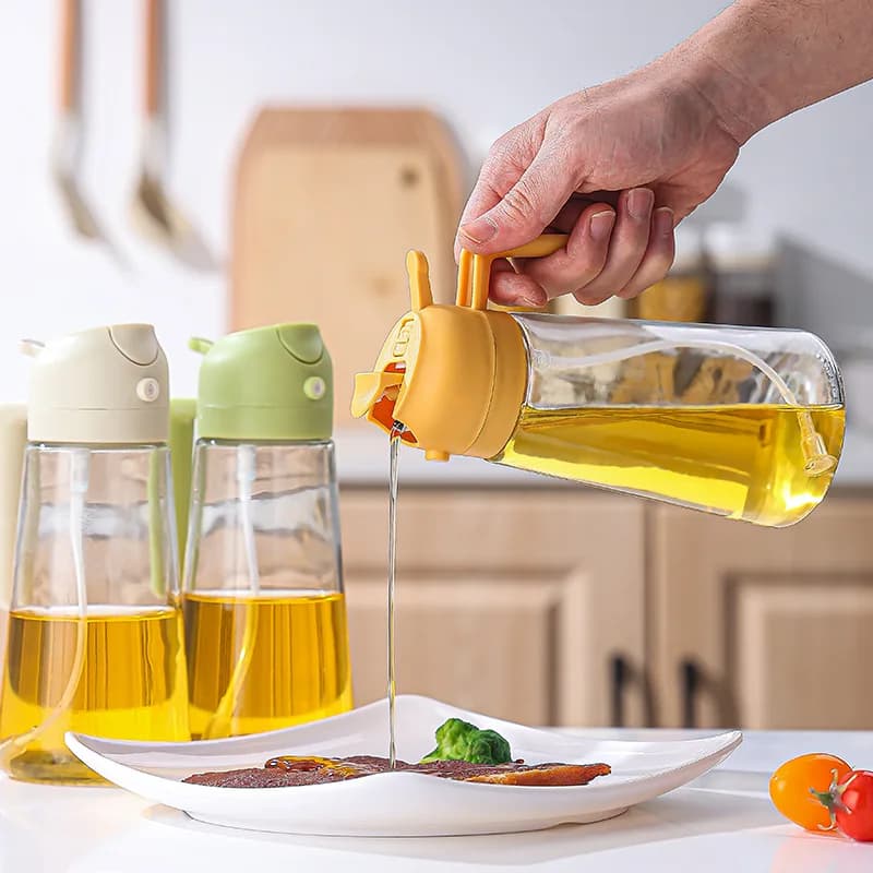 2 in 1 Oil Sprayer and Oil Dispenser Bottle, Dual Purpose Glass Oil Spray Pour Bottle for Cooking Air Fryer BBQ Salad Baking Kitchen Oil Storage Container
