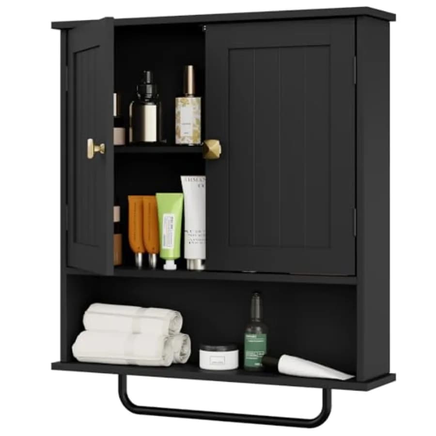 Mobiletto da Bagno a Parete con Portasciugamani, Armadietto Sopra WC con 2 Ante e Ripiano Regolabile, Bianco o Nero, per Lavanderia e Cucina