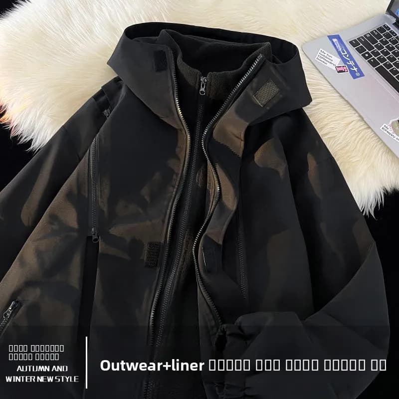 Giacca da Lavoro Invernale Tre-in-Uno per Uomo, Antivento, Impermeabile, con Cappuccio, Trendy, in Cotone, con Decorazione a Cerniera