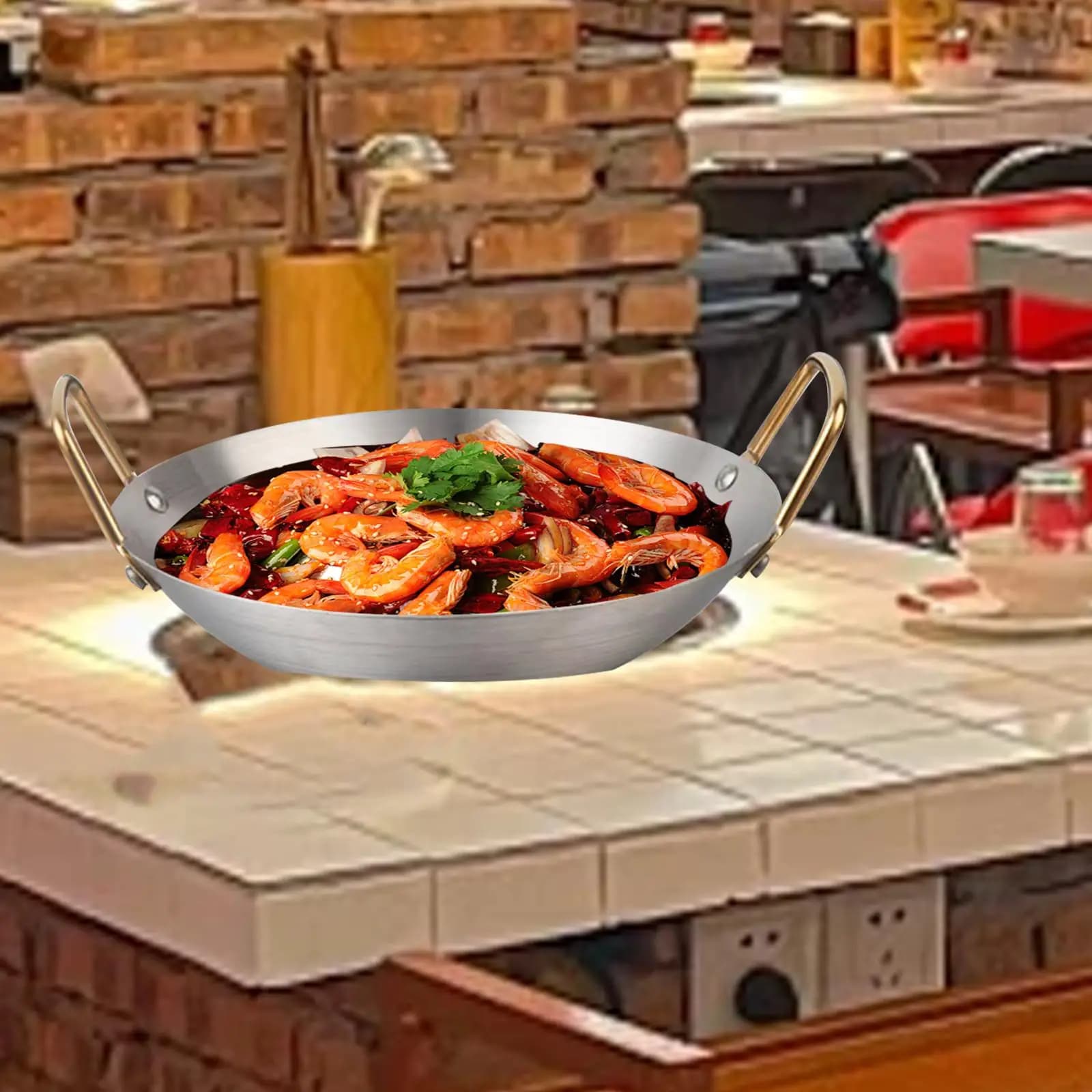 Wok in Acciaio Inossidabile per Piano Cottura, Pentola per Cucina Domestica, Padella per Cucinare, Friggere, Cuocere a Vapore Carne e Alimenti