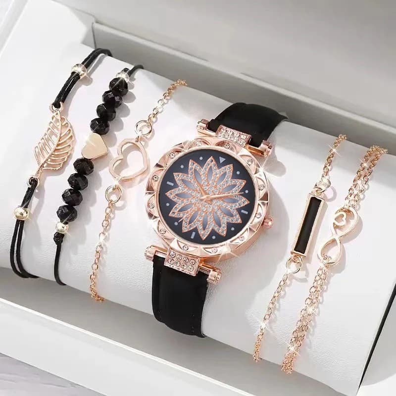 Set di 6 braccialetti per orologio al quarzo da donna con motivo floreale di lusso leggero e di tendenza alla moda, adatto per Natale e ringraziamento