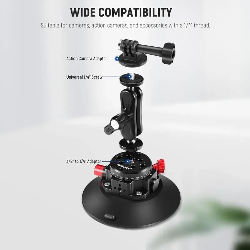 6" Camera Suction Cup Mount with Ball Head Magic Arm, Metal Suction Cup Mount on Car Windshield Dash for Camera/Action Camera