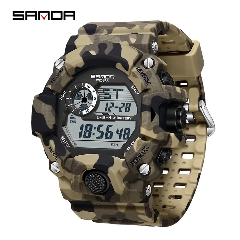 SANDA 2183 Orologio Elettronico Moda Militare Camo Impermeabile Sportivo Digitale con Cinturino in Silicone per Uomo