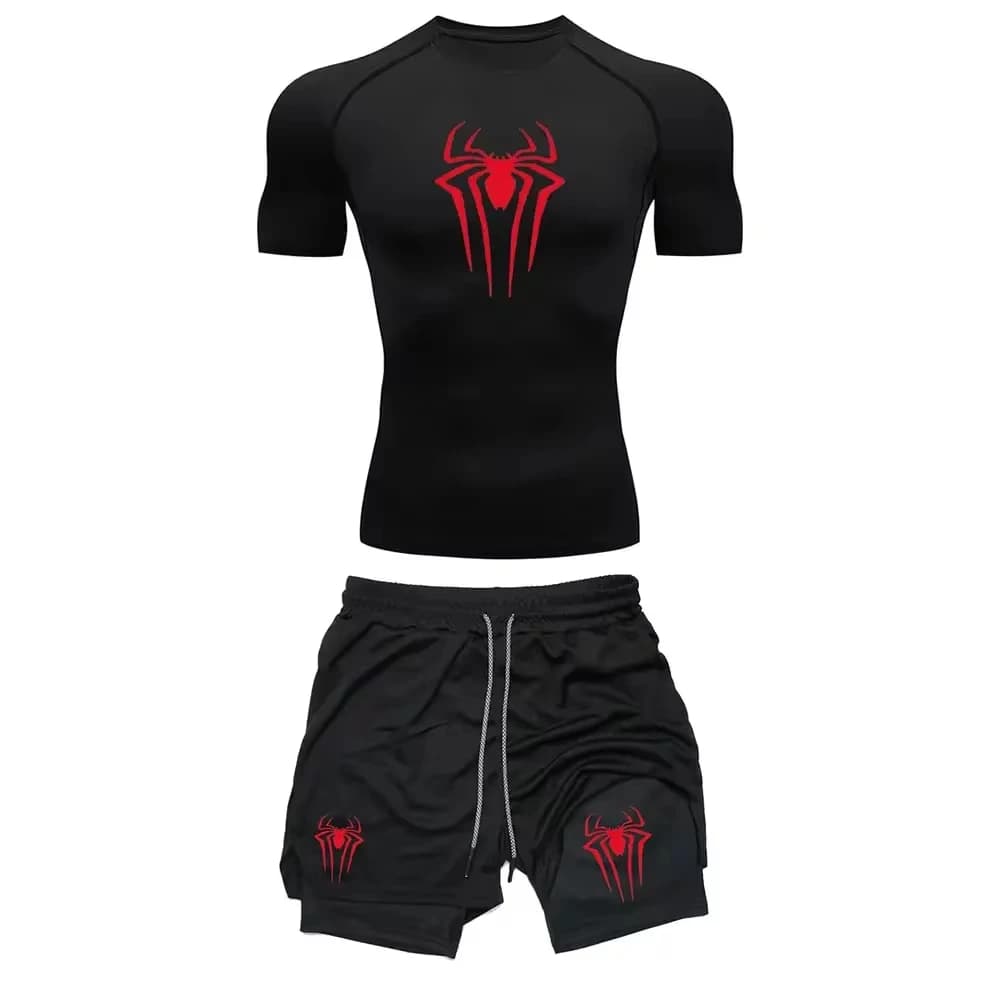 Completo da allenamento a compressione per uomo, che definisce i muscoli, composto da t-shirt elasticizzata e pantaloncini, perfetto per sessioni in palestra e bodybuilding