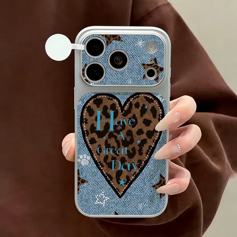 For iPhone 15 16 14 17 Pro 13 11 12 Pro Max Leopard Print Heart Lychee Texture Leather Phone Case Soft Shockproof Bumper Cover