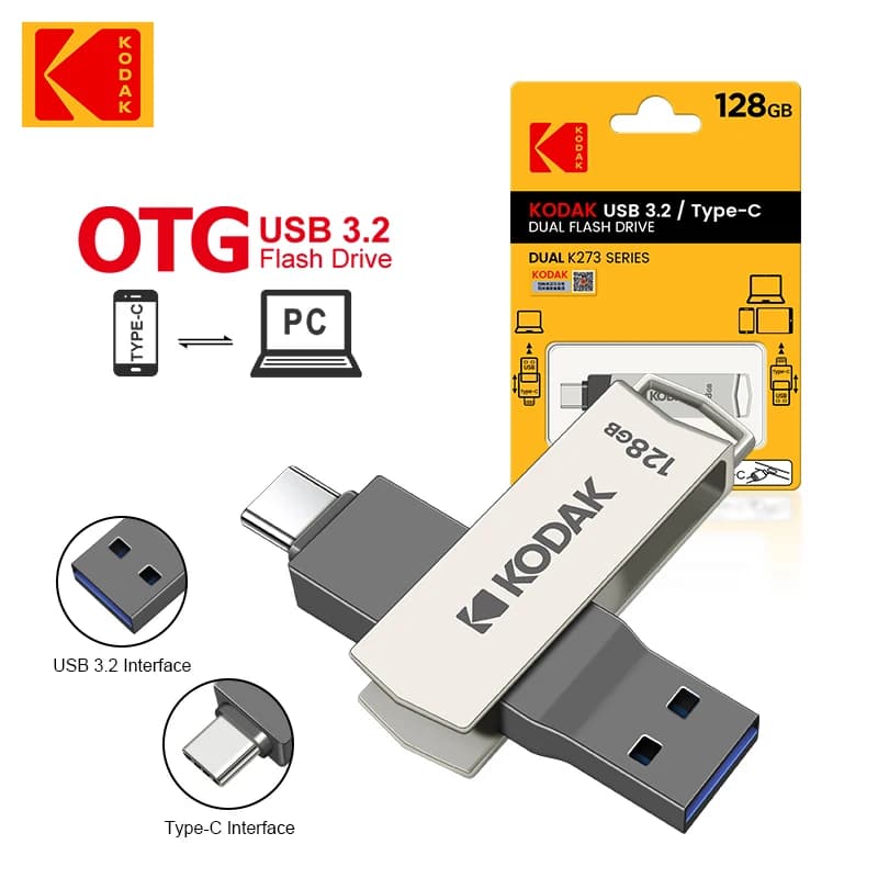 Kodak USB 3.2 Type-C OTG Dual Flash Drive K273 128GB 64GB Pendrive Metal U-disk for smart phone PC desktop laptop macbook