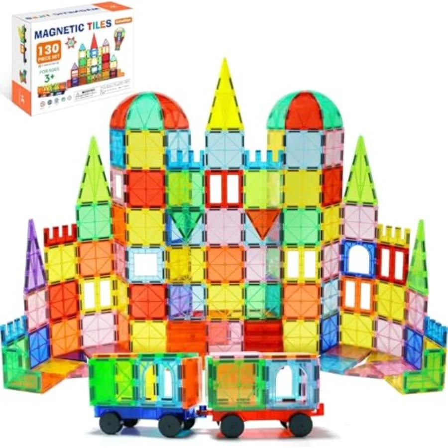 EchoPlan Piastrelle Magnetiche 130 Pezzi, Blocchi Magnetici con 2 Auto, Set di Costruzioni 3D Trasparenti, Gioco Educativo STEM Sensoriale