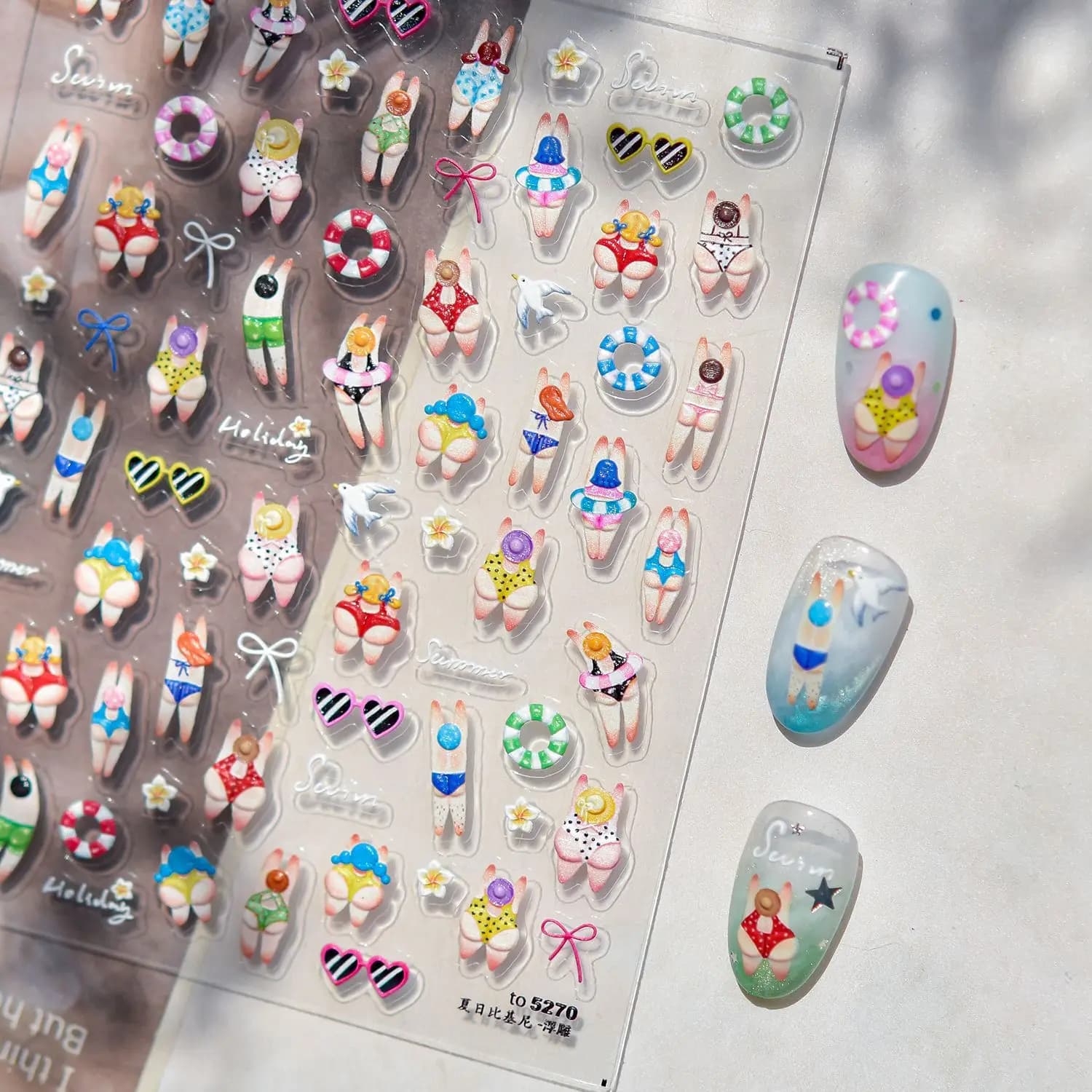 Stickers for Summer Nails with Glasses, Flowers, Swimming Rings, Boys and Girls' Flakes, Self-adhesive Decorations for Manicure