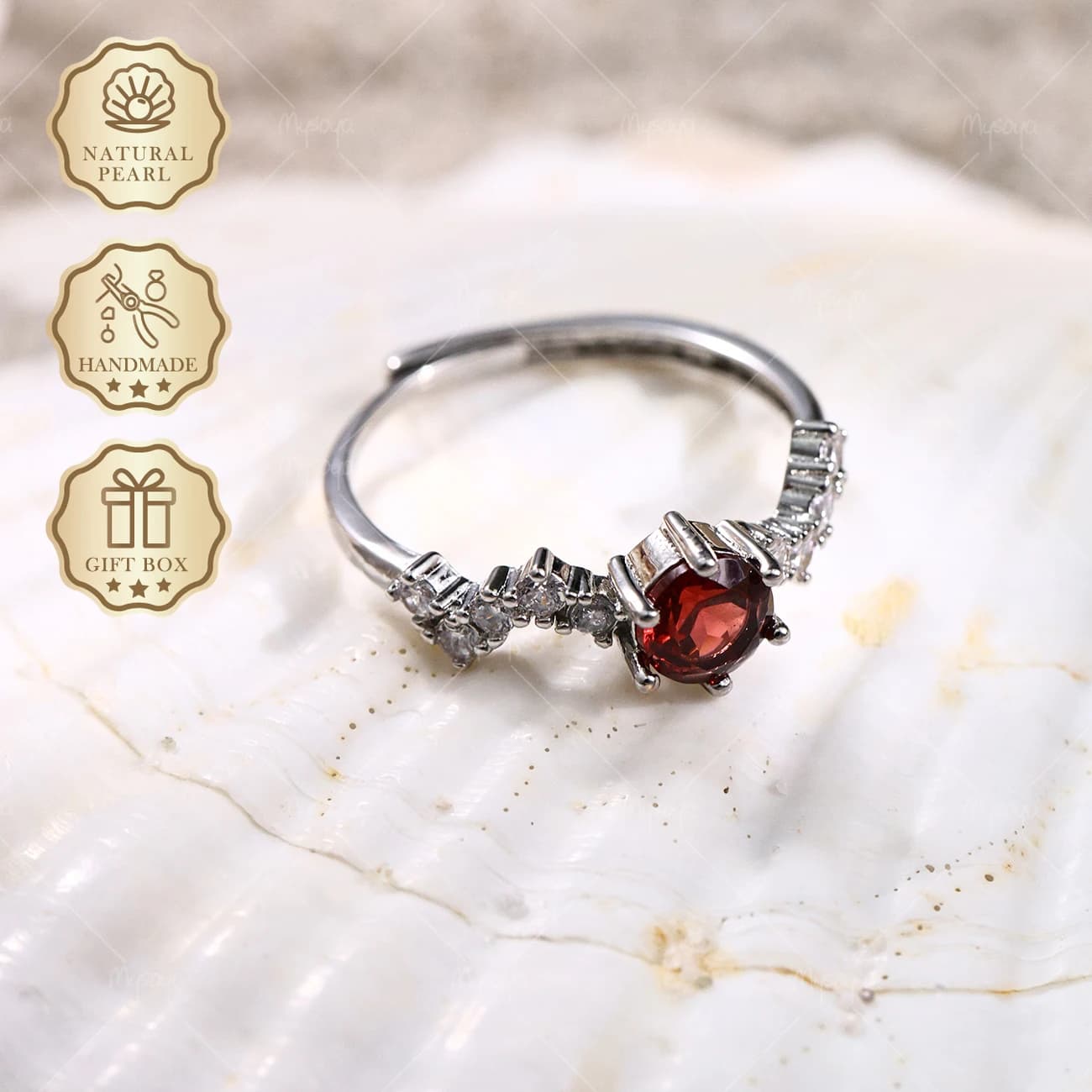 MYSOYA Silver-Plated Wave Ring with Natural Garnet, 6mm Garnet 0.99ct, Gift Box Included, January Birthstone SC37