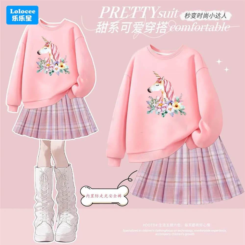 Completo da ragazza in 2 pezzi Felpa a maniche lunghe con stampa floreale unicorno rosa + set di vestiti con gonna a pieghe scozzese per adolescenti DJST1