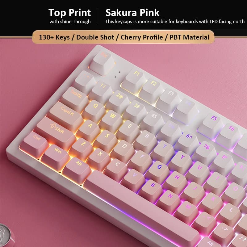 130 shaded keys Sakura Pink Shine through Cherry Profile Double Shot PBT Wheelchairs for MX Switches Mechanical Keyboards