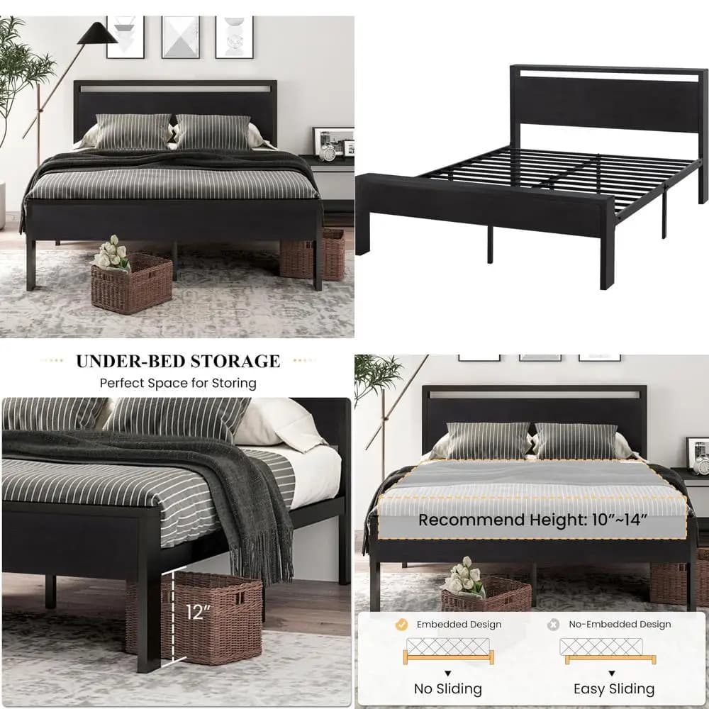 Letto con piattaforma in metallo alto 14 pollici con supporto a doghe in legno, base per materasso, senza rete a molle, ampio spazio contenitivo, antiscivolo e silenzioso, nero
