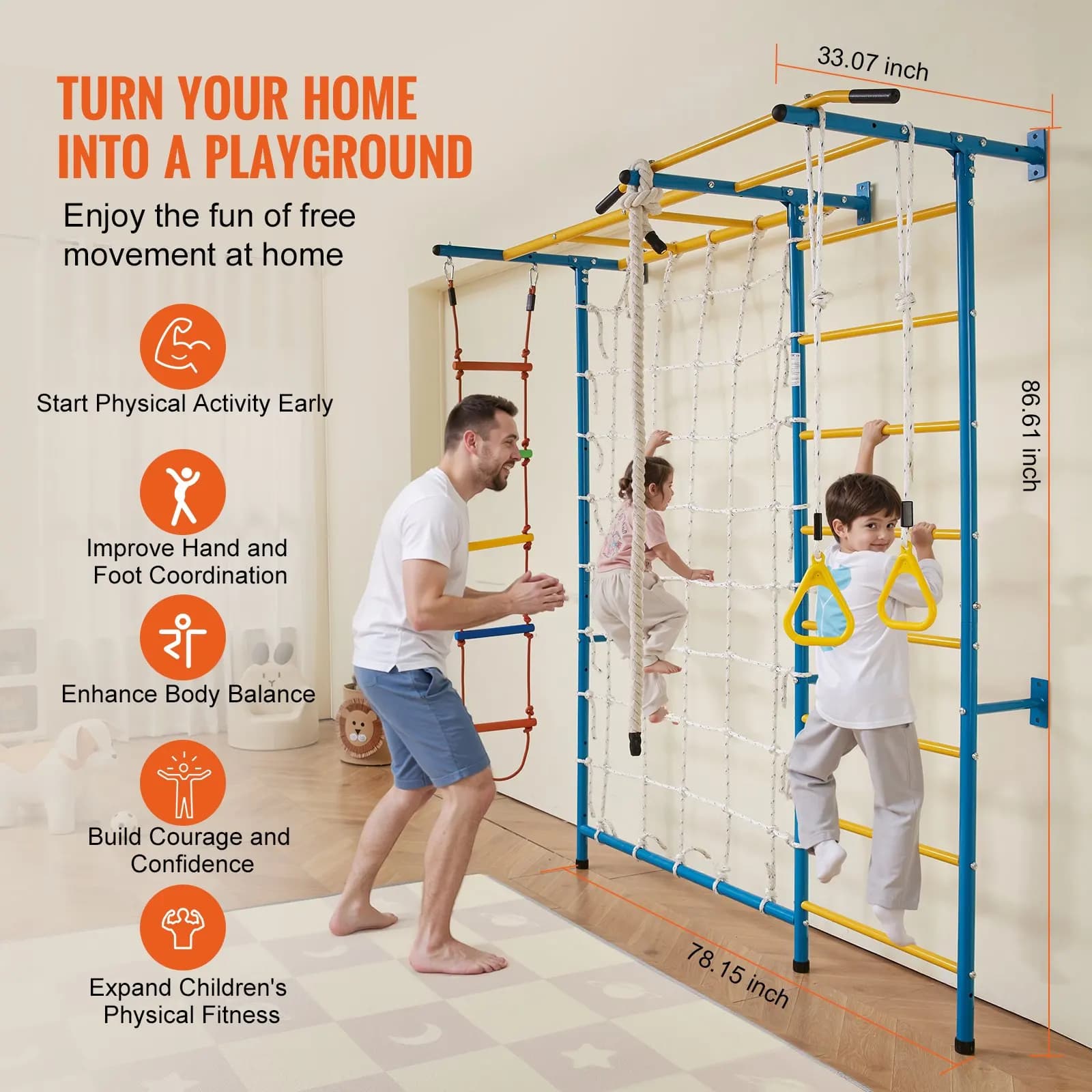 Parco Giochi Indoor per Bambini, Set da Arrampicata 7-in-1 con Scala Svedese in Acciaio al Carbonio, Scala a Muro, Barra per Trazioni, Scala a Corda