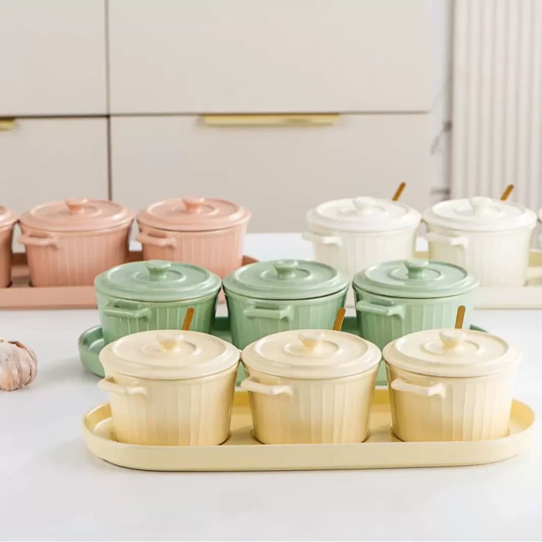 LingAo-Ceramic seasoning pot, high appearance level, cream INS style, with lid, internet celebrity seasoning box set, double han