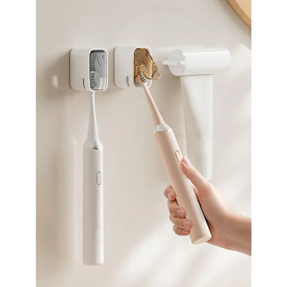 1 porta spazzolino da denti da parete senza foratura con coperchio, porta spazzolino elettrico da bagno, porta dentifricio, scatola porta spazzolino autoadesiva con 2/5/6 scomparti, accessori da bagno