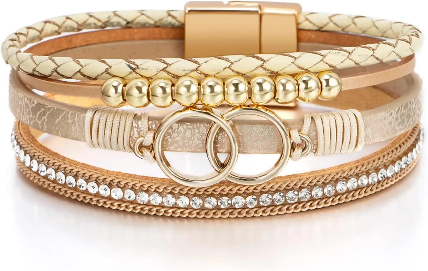 Bracciale Leopardato per Donne, Bracciale Boho in Pelle Multistrato con Perle e Cristalli