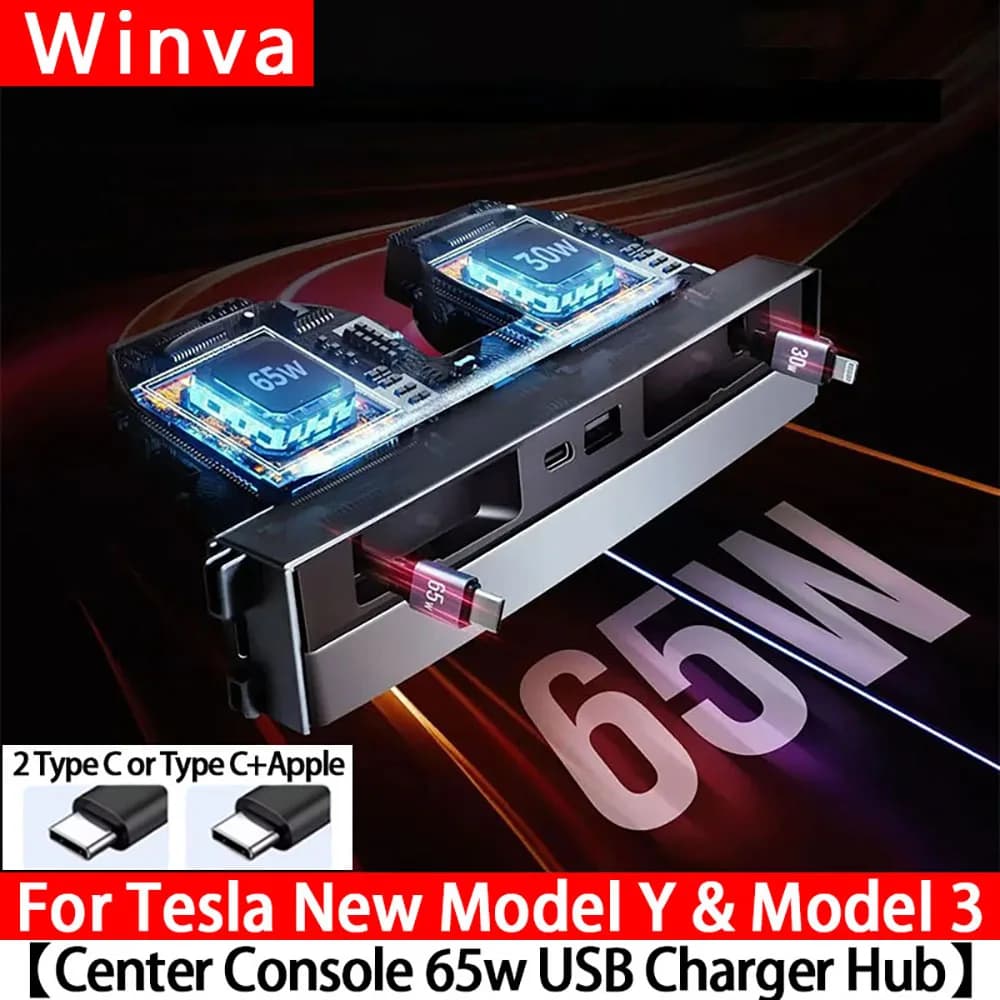 Hub USB Retrattile per Console Centrale per Tesla Model Y Juniper 2025-2026 e Model 3 Highland 2024-2026, Stazione di Ricarica Rapida per Telefono