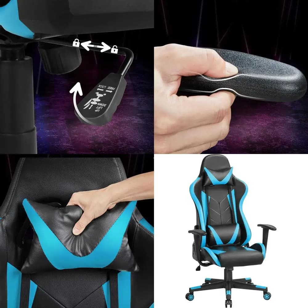 Sedia da gaming ergonomica con schienale alto e supporto lombare, sedia da lavoro girevole in blu neon