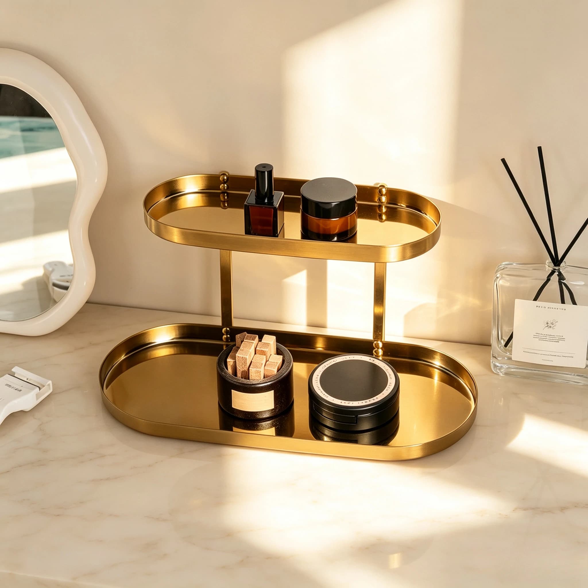 2-Tier Stainless Steel Vanity Tray, Nordic Oval Display Shelf Organizer for Perfume, Cosmetics & Jewelry, Bathroom Countertop Storage Rack, Gold/Black/Silver