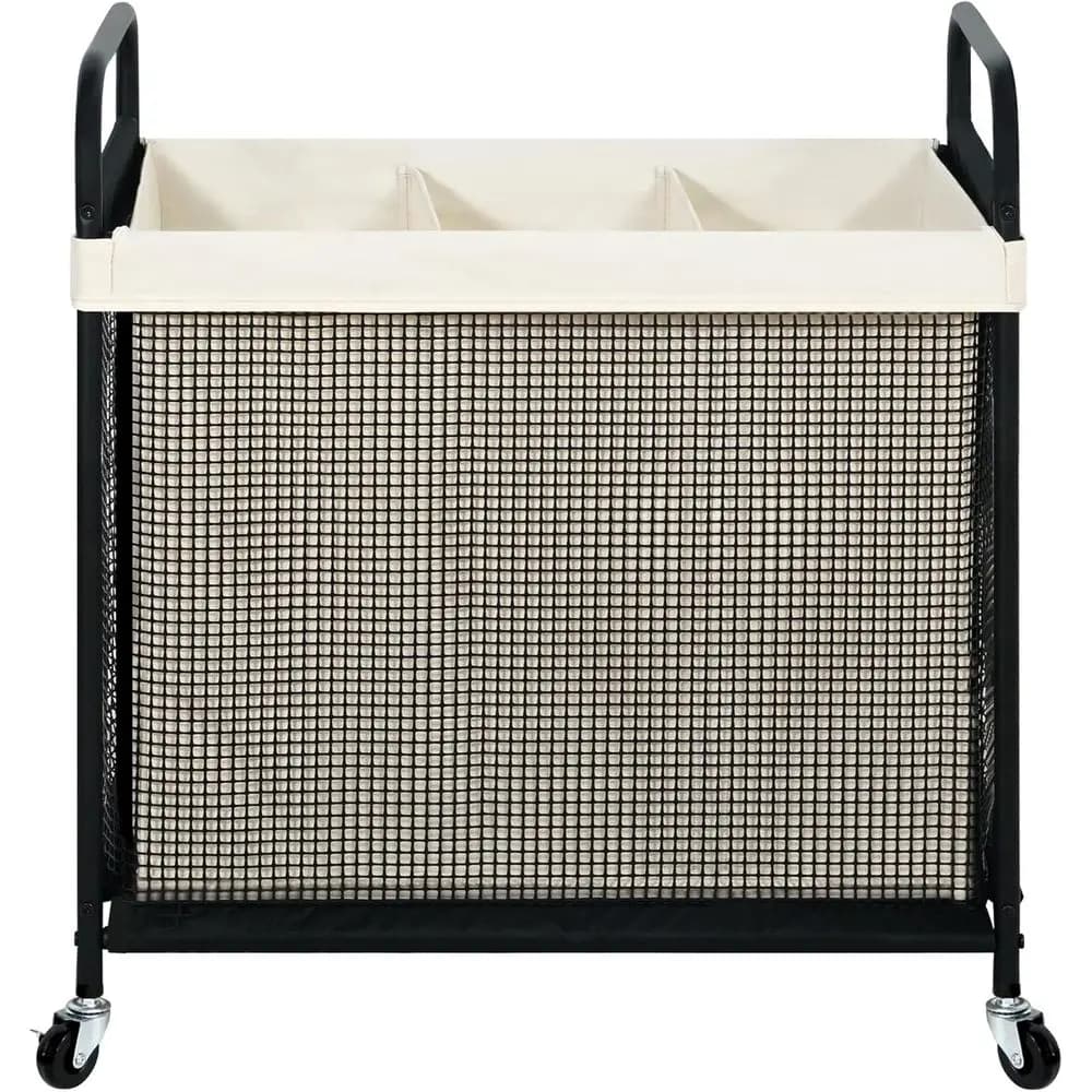 3 Section 120L Rolling Laundry Sorter Cart with Removable and Washable Liner Bag, Clothes Hamper with Wheels and Metal Handle fo