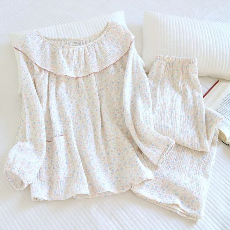 Women Double Gauze Pajama Set Pure Cotton Soft Breathable Ruffled Collar Floral Print Sleepwear All Season Romantic Loungewear