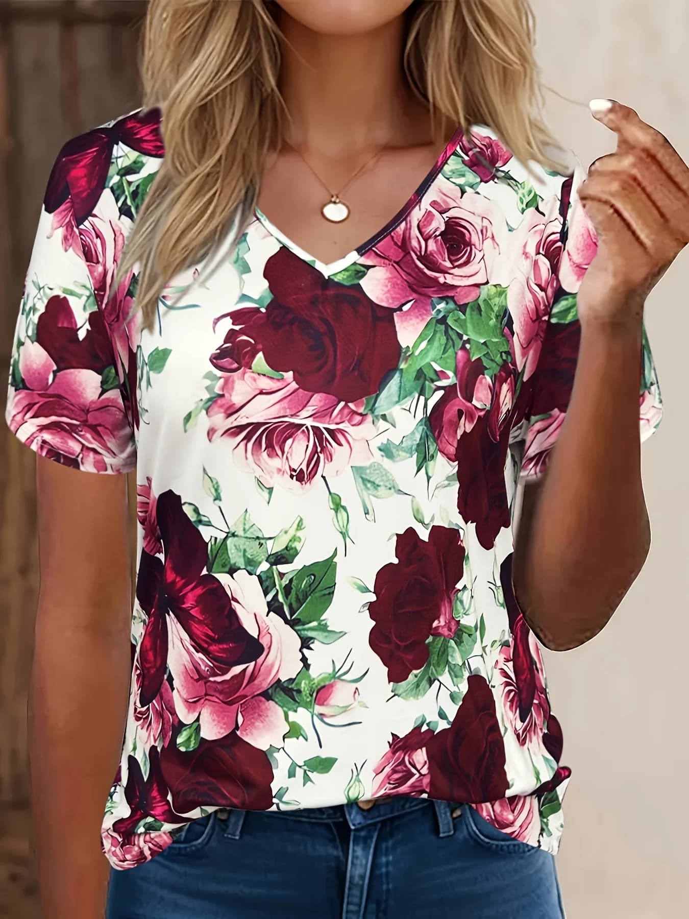 T-shirt donna estate casual elegante semplice scollo a V manica corta stampa 3d stampa floreale top allentato abbigliamento casual T-shirt da donna