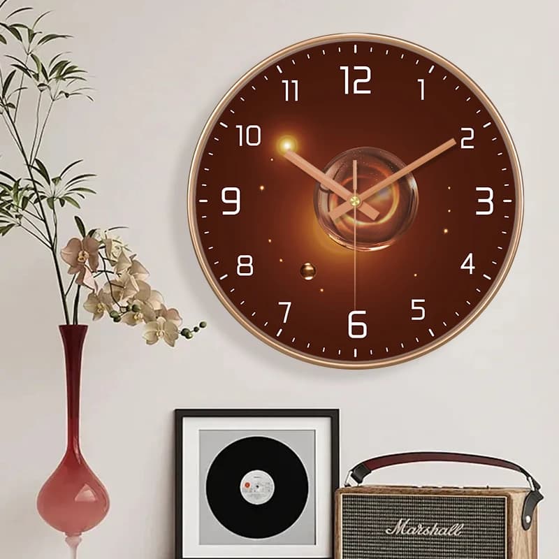 Luxury Brown Wall Clock Silent Minimalist Starlight 2D Dial Easy-to-Read Numeral Clock for Modern Living Room Bedroom Home Decor
