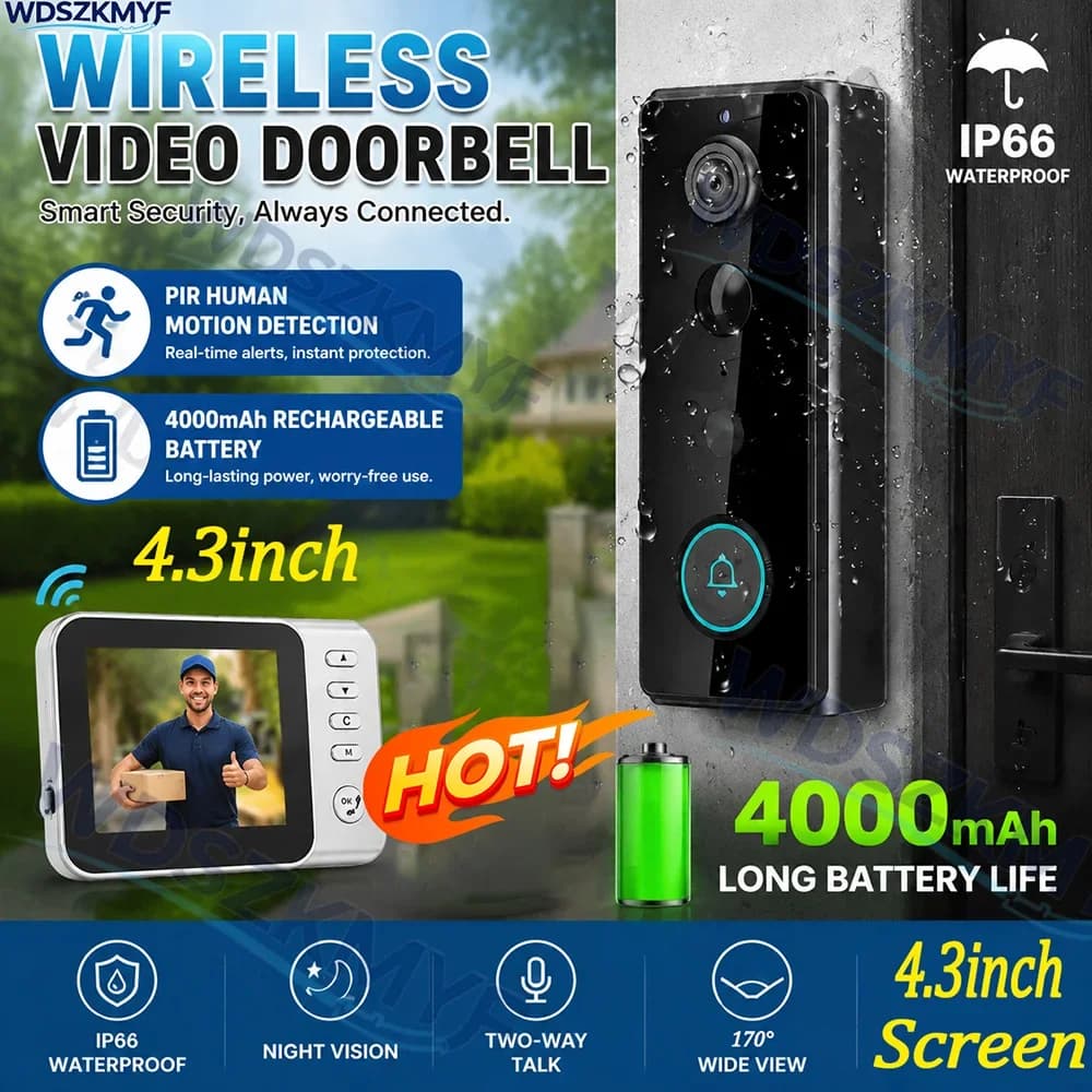 New Waterproof 4000mAh Video Monitoring Doorbell 4.3 Inch IPS screen PIR motion sensor Two-way intercom Video Doorbell Camera