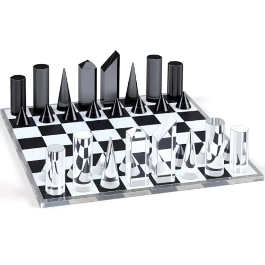 Set di scacchi in acrilico per casa e ufficio, materiale acrilico trasparente, colore chiaro, design moderno ultrasottile con finitura levigata.