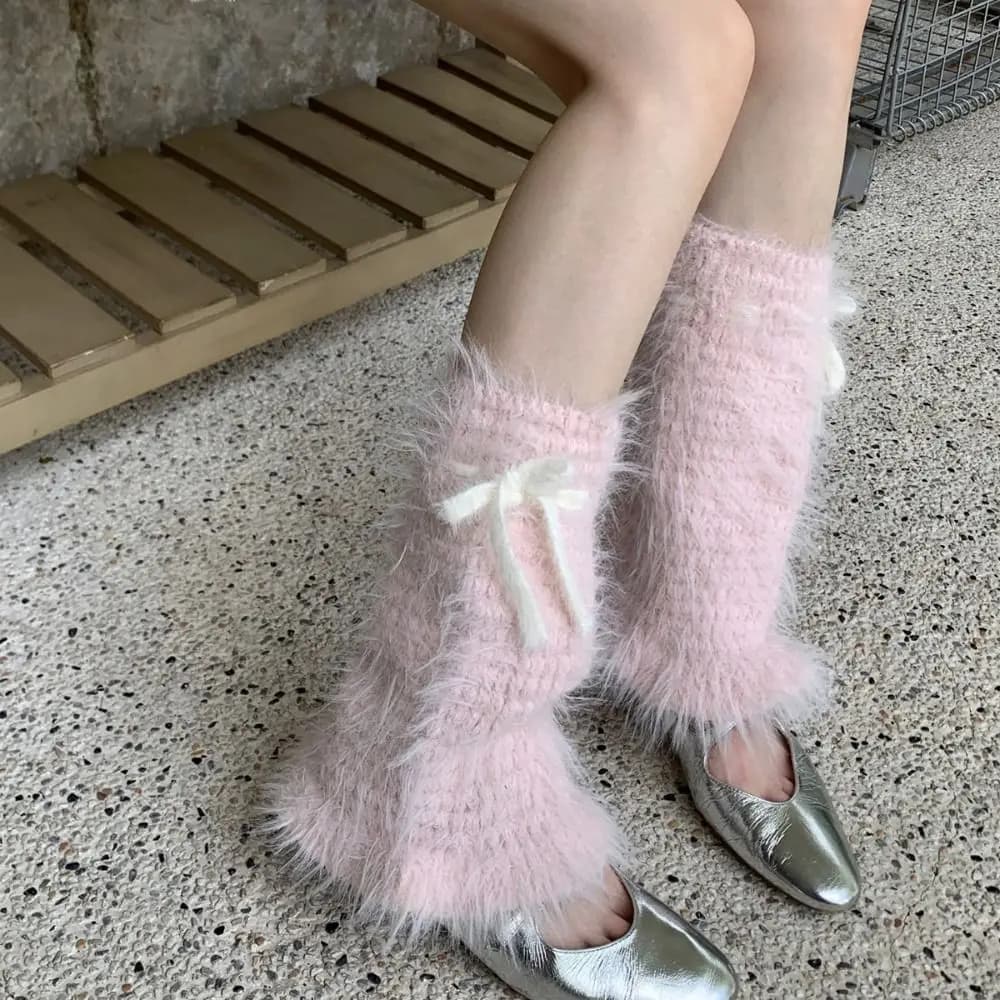 Scaldamuscoli con lacci Y2K tinta unita Dolce balletto Maglia allentata con fascia Leggings Calze Flare Calze di peluche da donna Autunno