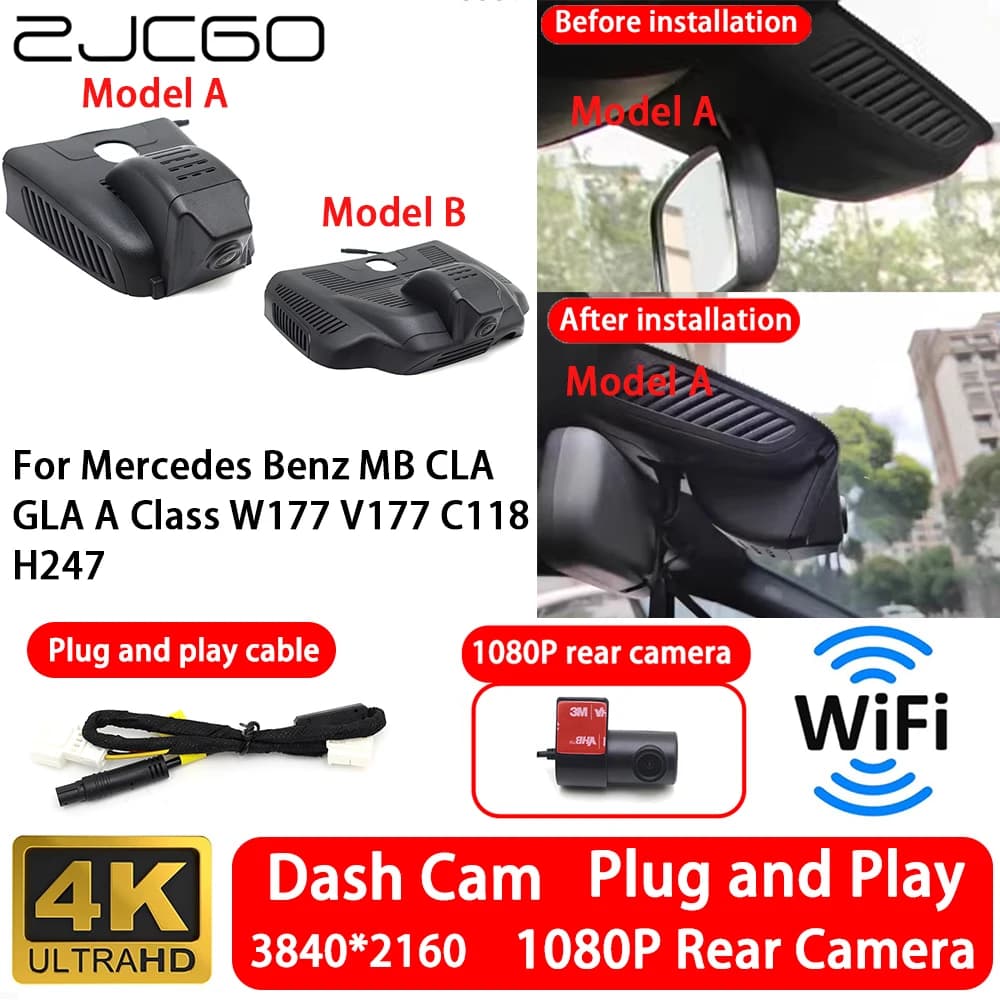 Front and rear camera for Mercedes Benz MB CLA GLA Class A W177 V177 C118 H247 4K 2160P, Dash Cam with Wifi, Plug and Play, Video Recorder.