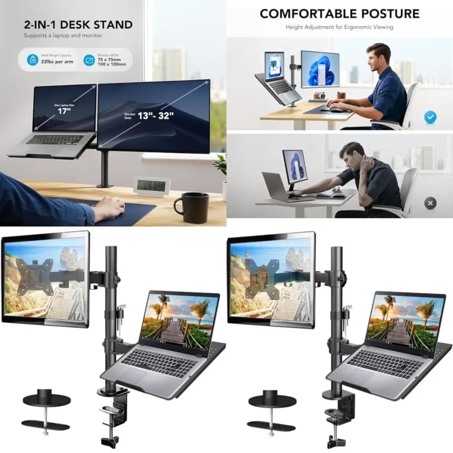 Adjustable Monitor Stand, Single Arm Desk Mount for 32 inch Screen and 17 inch Laptop, Heavy Duty Ergonomic Bracket Holds 22lbs