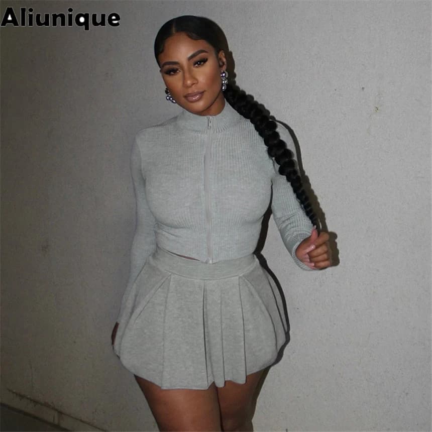 2026 Spring Trend Sport 2piece Set Women Casual Zip Ribbed Crop Top+Pleated Skirt Matching Skinny Stretch Streetwear Outfits New