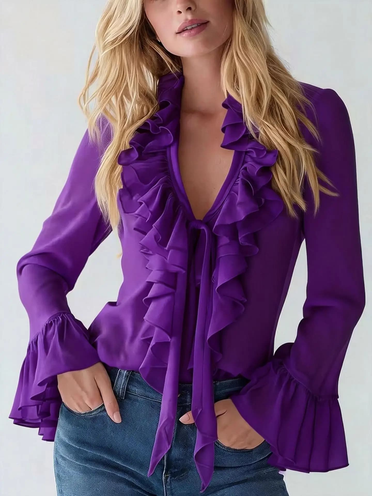 Camicetta da donna a tinta unita con scollo a V e volant, maniche a campana, dettaglio con laccetto al collo, elegante camicia in chiffon, top casual per feste e abbigliamento da ufficio