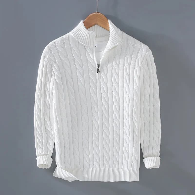 100% Cotton Knitwear Men Thick Needle Sweater Zipper Open Mock Neck Knitted Pullover Spring Autum Loose Knit Polo Shirts