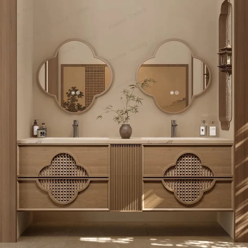 Combinazione estetica di mobile bagno in rovere, lavabo antico, specchio con motivo a fiore di prugna, mobile lavabo con specchio