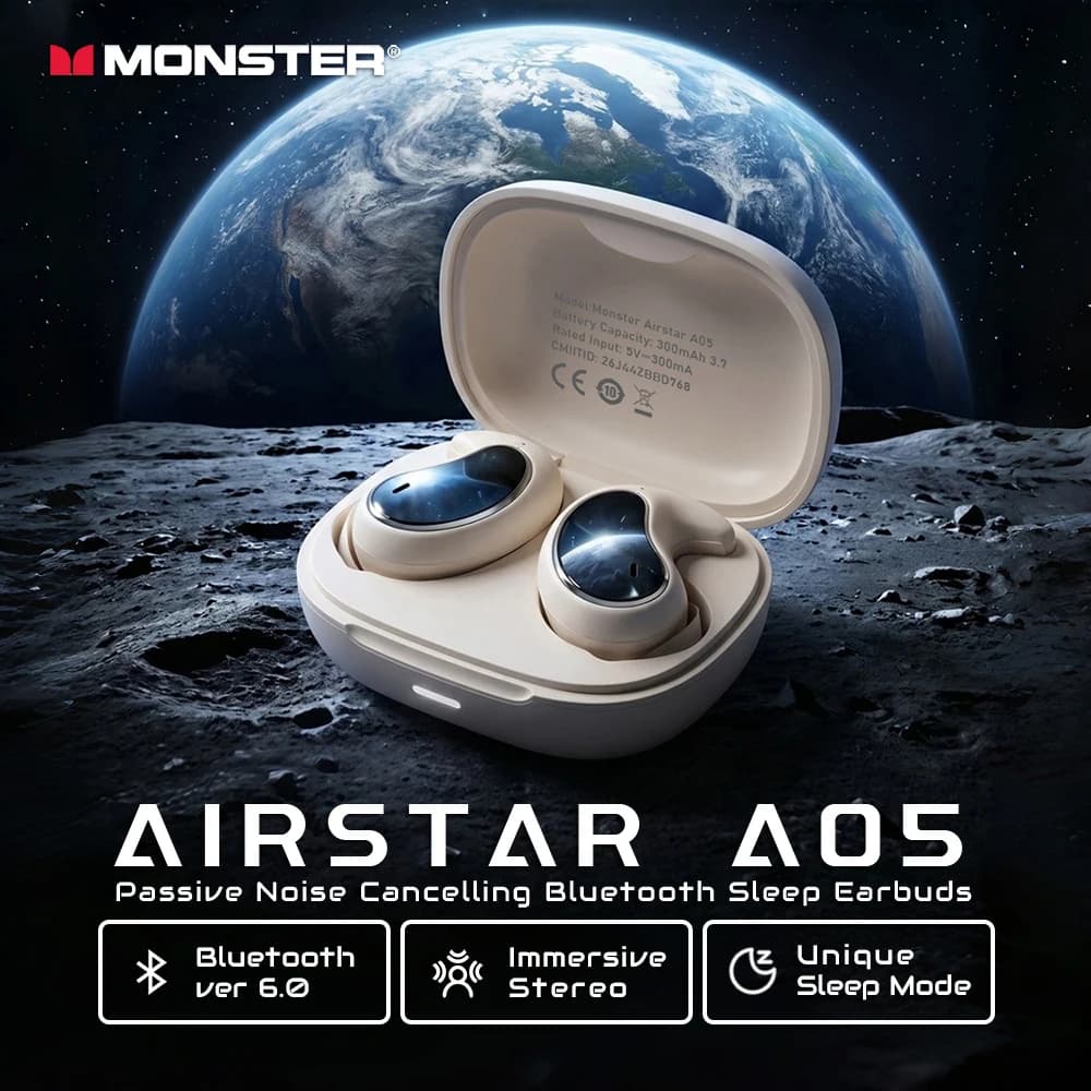 Monster A05 Sleep Earbuds for Side Sleeper Bluetooth 6.0 Invisible Passive Noise Reduction Powerful Bass TWS Wireless Earphone