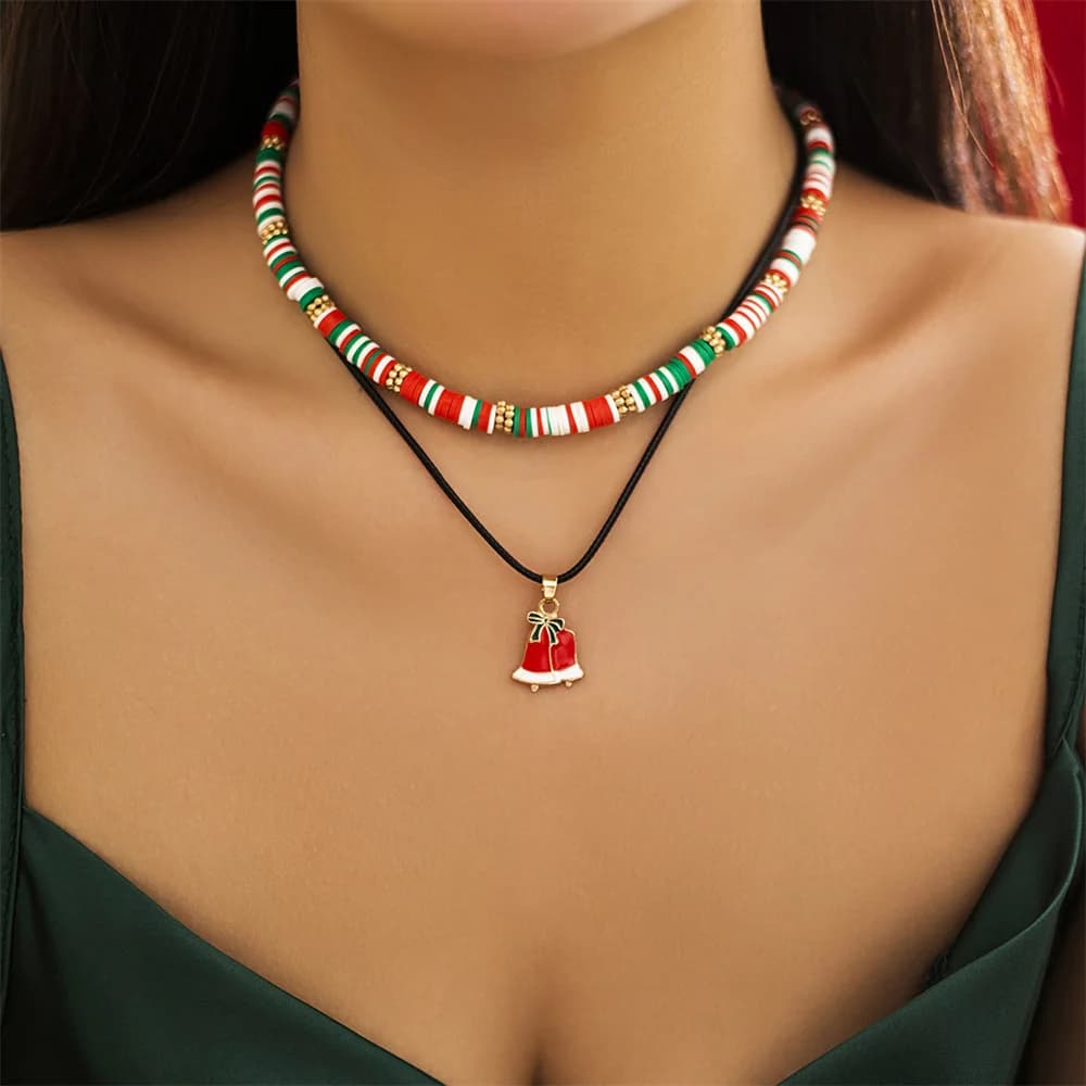 Collana natalizia alla moda con perline fatte a mano a doppio strato per le donne, delicati gioielli per feste, festival, regalo in argilla polimerica di Babbo Natale