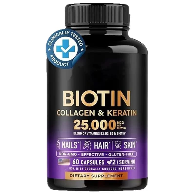 Biotina Collagene Acido Ialuronico Cheratina Supporto per Ciclo Normale della Crescita dei Capelli Pelle Unghie 25000mcg