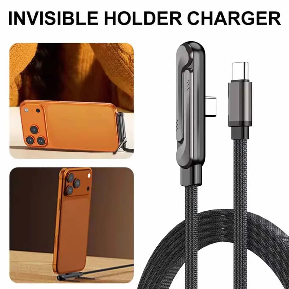 Cavo USB C PD da 240W con supporto pieghevole integrato per telefono, 90° ° Cavo di ricarica rapida ad angolo retto per iPhone Samsung Xiaomi Gaming