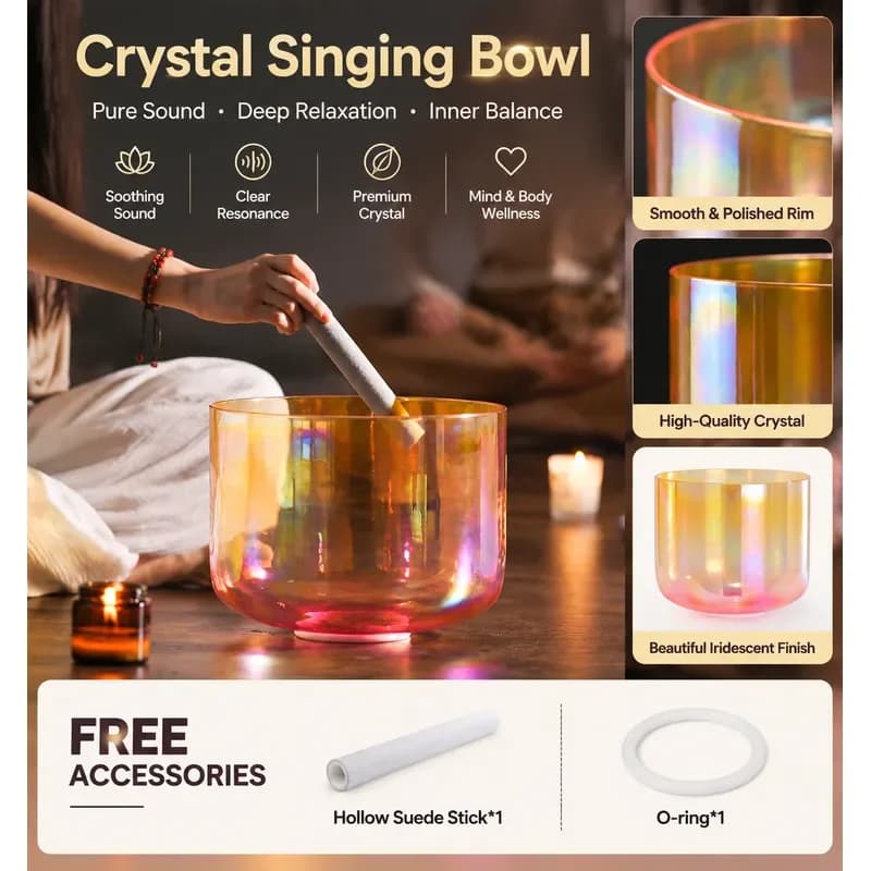 7 Inch Golden Sunset Clear Quartz Crystal Singing Bowl Cosmic Light 440/432Hz STAR LIN KUP for Meditation Sound Healing