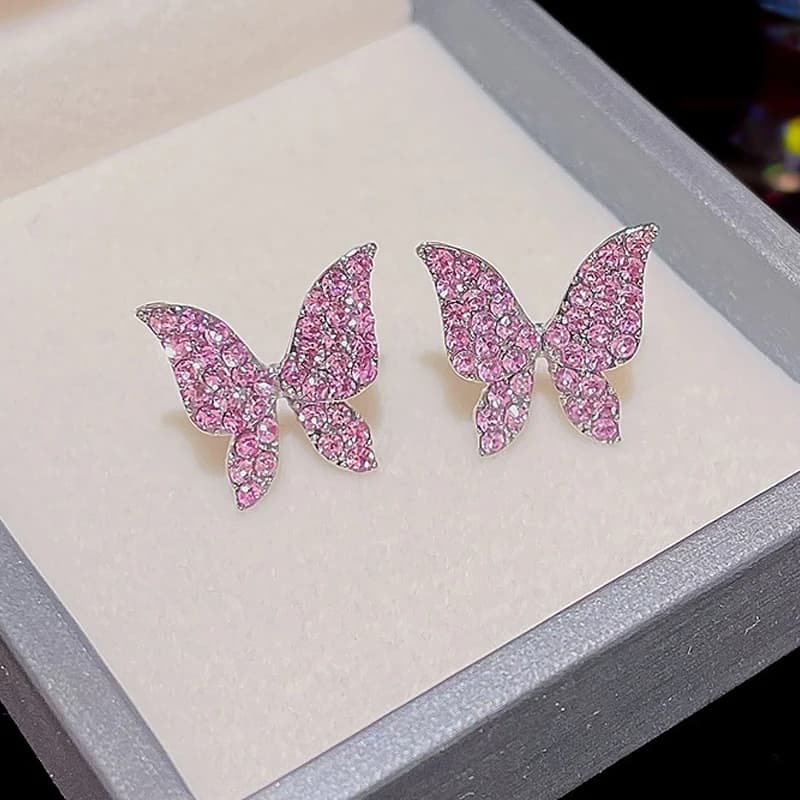 Orecchini a bottone con farfalla con strass viola per le donne Gioielli per orecchie di insetti con temperamento dolce e carino