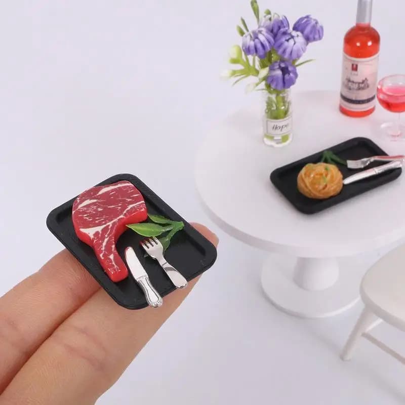 5Pcs Simulated Steak Pasta Plate Knife And Fork Model Kit Dollhouse Kitchen Food Decoration Toy DIY Accessories