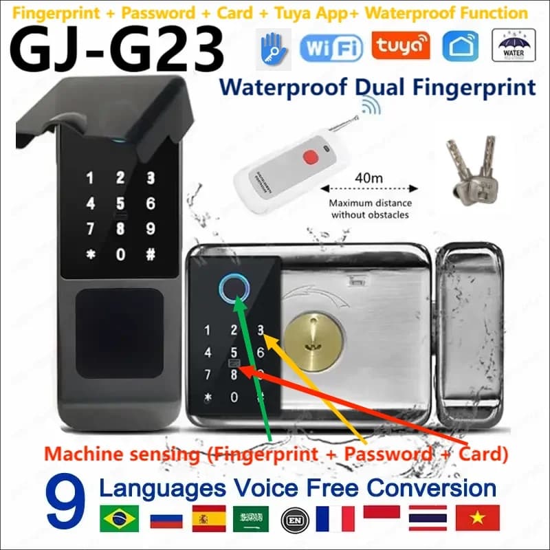 Blocco intelligente impermeabile delle impronte digitali G23 Tuya APP Controllo accessi esterno Blocco elettrico Supporto Password/Remoto/Sblocco scheda IC