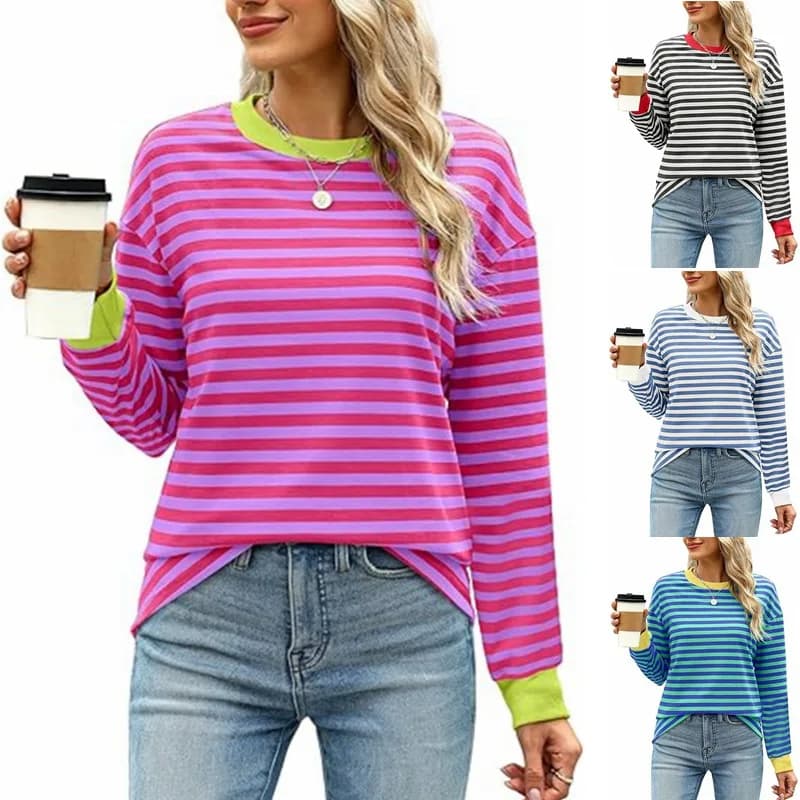2024 Women's Casual Long Sleeve round Neck Sweatshirt Top Stripe Patterned Loose Fit Comfortable Cotton Inner Lined Hoodie