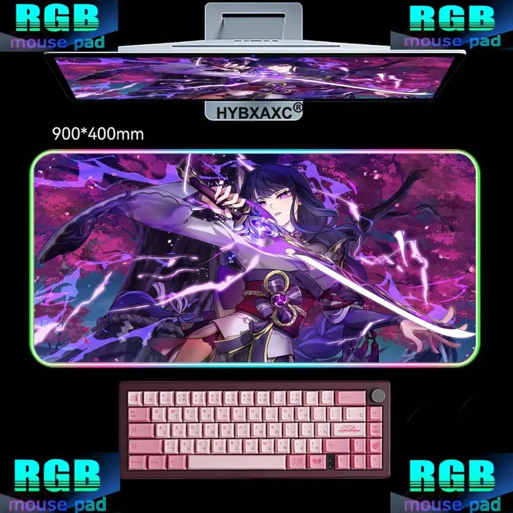 HYBXAXC Genshin Impact Mousepad Baal Raiden Shogun Gaming Mouse Pad RGB Gaming Mouse Pad Desk Mat HD Gamer Large LED Light XXL