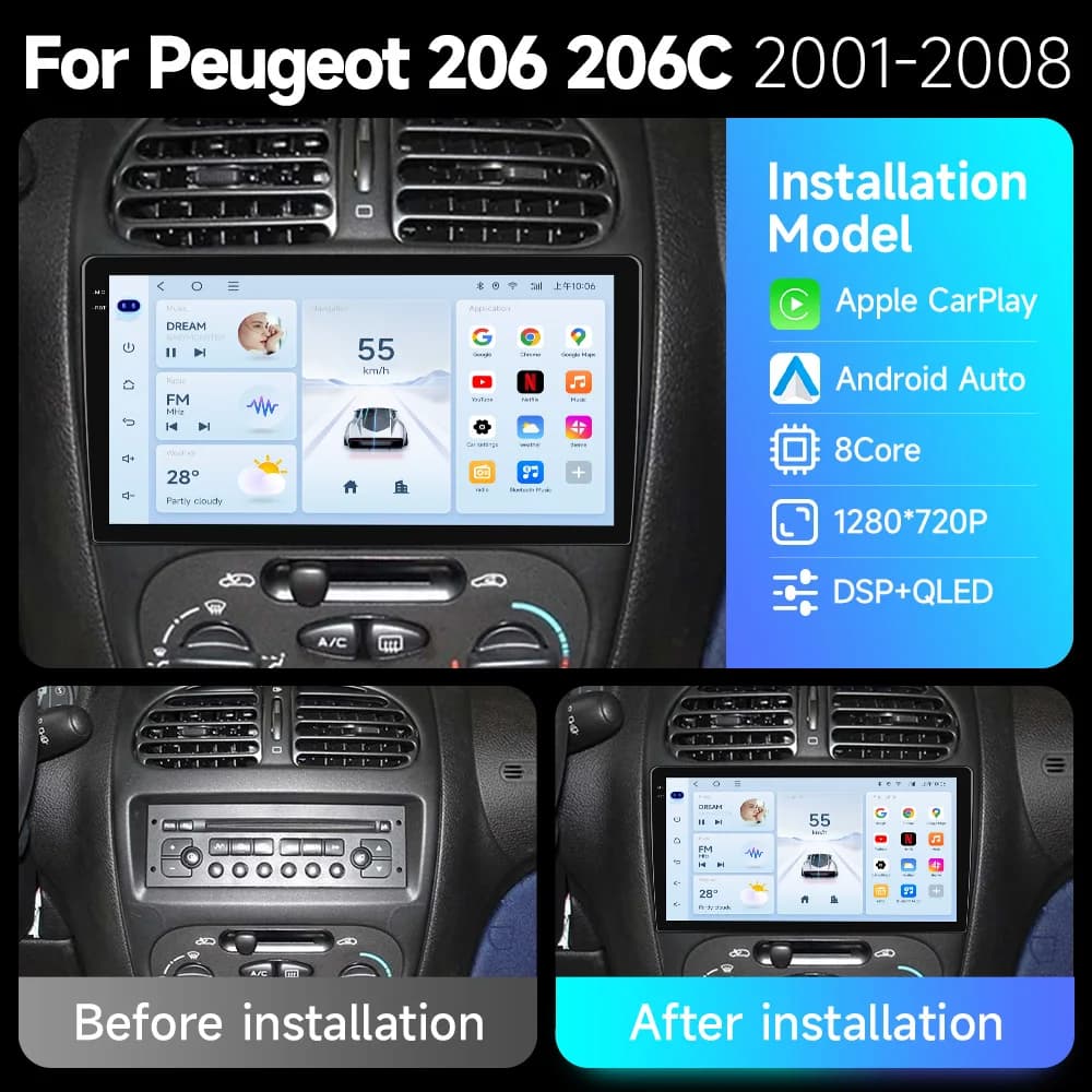 Per PEUGEOT 206 206CC 206SW 2000-2005 2006 2007 2008 Android 15 Multimedia Autoradio GPS navi Video 7862 2din Autoradio