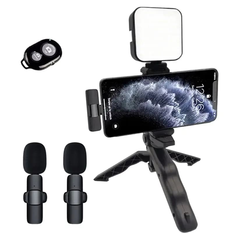 Portable B29C smartphone video kit with microphone, LED light, tripod and Bluetooth stabilizer for video and photo recording