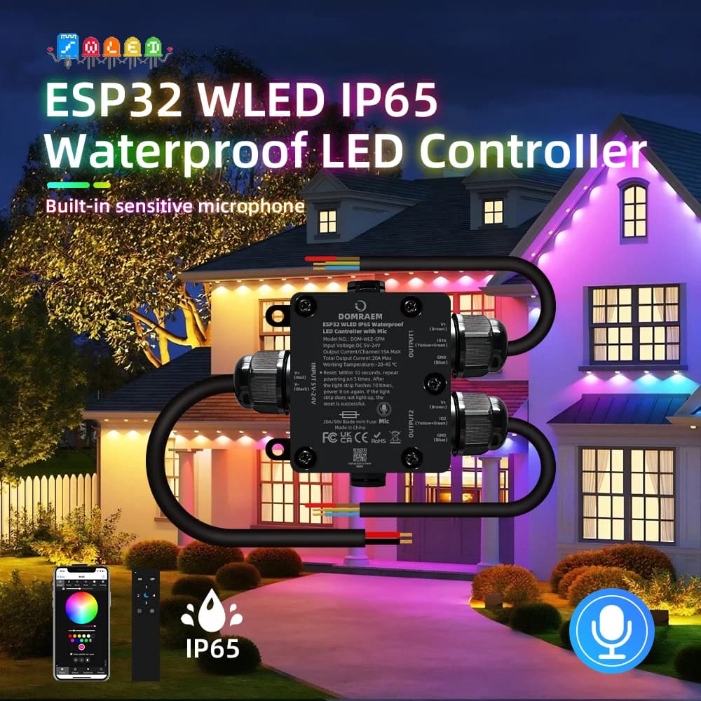 DOMRAEM ESP32 WLED Addressable 2CH LED Controller 20A Fuse Built-in Relay Mic WS281X SK6812 Music Sync IP65 Waterproof Alexa HA